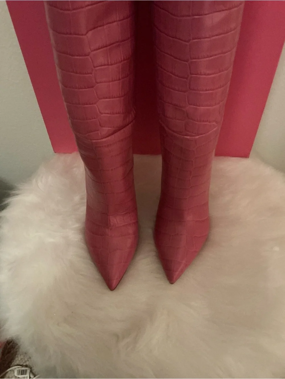 Paris Texas Pink Croc-Embossed Knee-High Pointed Toe Boots - Picture 2 of 9